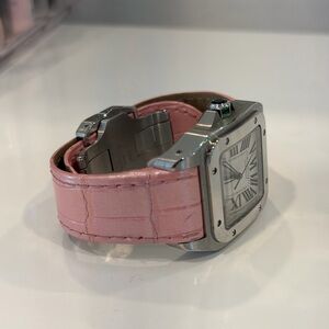 Cartier Santos Steel Watch with Pink Leather Strap